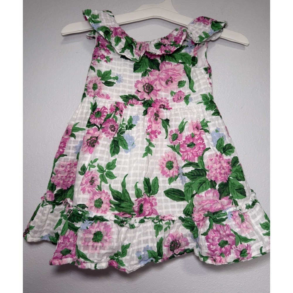 Janie and Jack Girls Floral Grid Ruffle Dress Size 3 Pink White Green